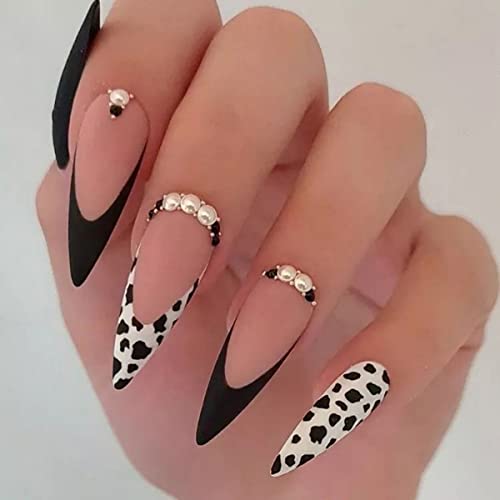 JUSTOTRY 24 Stück Cow Print Stiletto Nägel Zum Aufkleben Lang,Schwarz French Künstliche Nägel,Matt Mandel Kunstnägel Press on Nails,Pretty Fingernägel Fake Nails für Frauen von JUSTOTRY