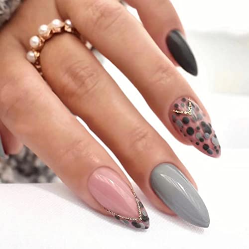 JUSTOTRY 24 Stück Leopard Stiletto Nägel Zum Aufkleben Kurz,Grau French Künstliche Nägel,Glitzer Mandel Kunstnägel Press on Nails,Acryl Fingernägel Fake Nails Mittel für Frauen von JUSTOTRY