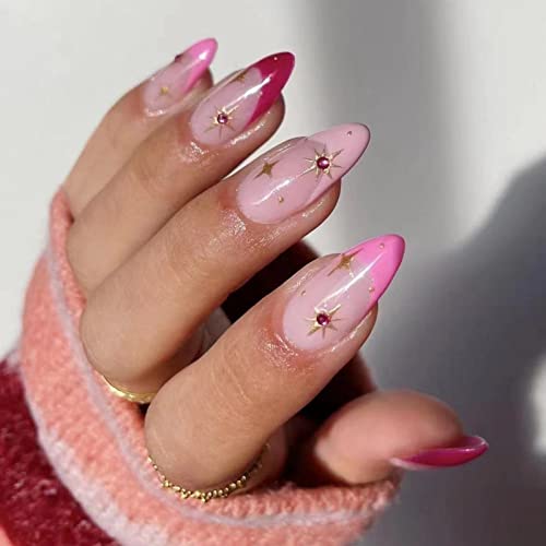 JUSTOTRY 24 Stück Mandel Nägel Zum Aufkleben Kurz mit Star,Pink und Rot French Künstliche Nägel,Stiletto Kunstnägel Press on Nails,Acryl Fingernägel Fake Nails Mittel für Frauen von JUSTOTRY