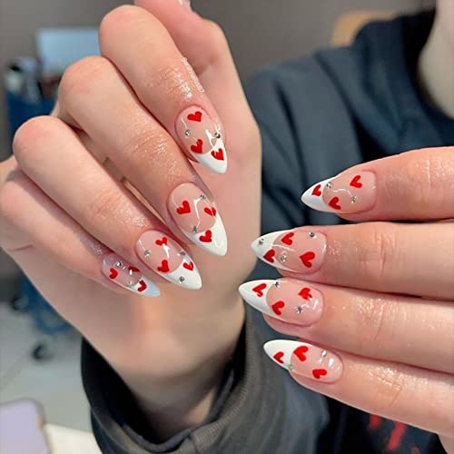 JUSTOTRY 24 Stück Stiletto Nägel Zum Aufkleben Kurz mit Rot Herz,Weiß French Press on Nails,Trendy Mandel Kunstnägel Fake Nails Mittel,Fingernägel Künstliche Nägel für Frauen von JUSTOTRY