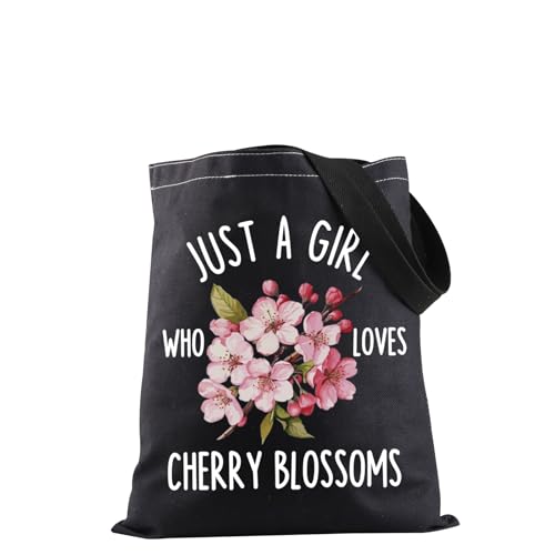 JXGZSO Tragetasche mit Kirschblüten-Blumen, Aufschrift "Just a Girl Who Loves Cherry Blossoms", Geschenk für Sakura-Blumenliebhaber, Tragetasche mit Kirschblüten, Einheitsgröße von JXGZSO