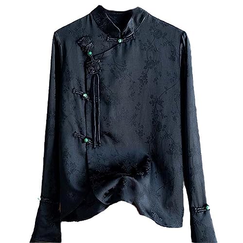 Vintage Jacquard Seidenbluse Damen Ausgestellte Ärmel Tops Retro Knopf Stehkragen Bluse Chinesische Strickjacke Shirt Black M von JXQXHCFS