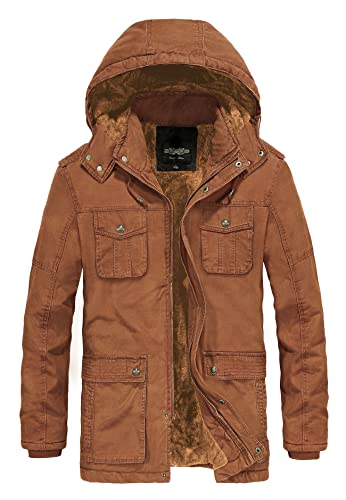 JYG Herren Winter Dicker Mantel Casual Militär Parka Jacke mit Abnehmbarer Kapuze, Braun, Medium von JYG