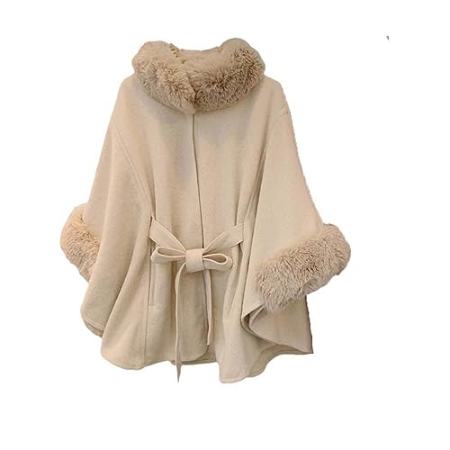 JYHBHMZG Eleganter Herbst Winter Kaninchenpelzkragen Gürtel Gestrickter Poncho Cape Schal Wollener Damenmantel Beige One Size von JYHBHMZG