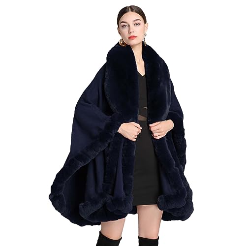 JYHBHMZG Imitationskaninchen Pelz Umhang Damen Winterbekleidung Dicker Warmer Poncho Weiblicher Cardigan Schal Umhang Lange Mäntel Navy Blue One Size von JYHBHMZG