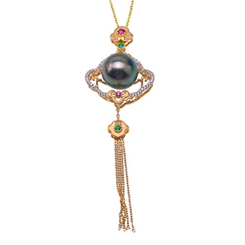 JYX Pearl Halskette mit Quasten-Anhänger, 18 Karat Gold, natürliche schwarze Tahitiperle, 11–12 mm, runde Meerwasserperlen-Halskette, Perle, Perle von JYX Pearl