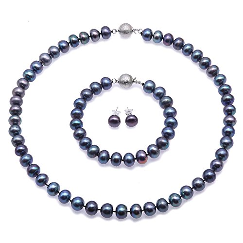 JYX Perlenkette Set 9-10mm Blau Süßwasser Zuchtperlen Halskette Armband und Ohrringe Schmuck-Set von JYX Pearl