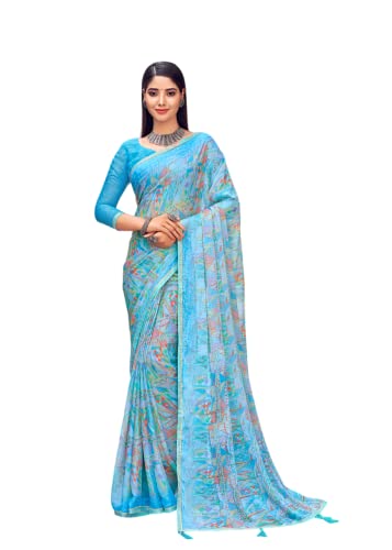 Jaanvi fashion Damen-Bluse, Chiffon, bedruckt, Banarasi-Bordüre, Saree, ungenäht, (savyaa-22805-b), himmelblau, One size von Jaanvi fashion