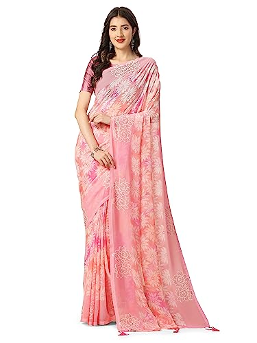 Jaanvi fashion Damen Chiffon bedruckt Banarasi Borte Sari mit ungenähter Bluse Stück, Pink-Orange, One size von Jaanvi fashion