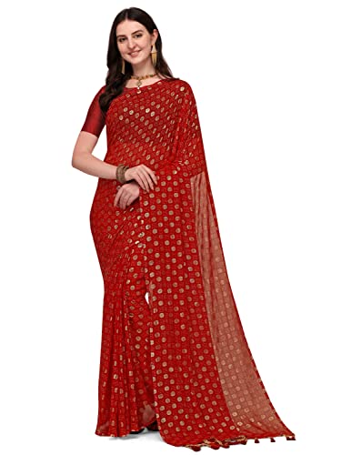 Jaanvi Damen Georgette Folie gedruckt Bandhani Saree mit ungenähtem Blusenteil, rot, One size von Jaanvi