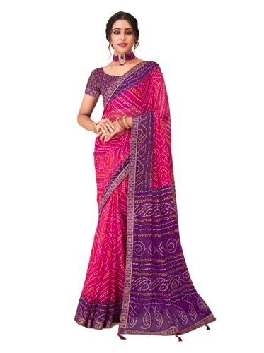 Jaanvi Mode Frauen Chiffon Bandhani gedruckt Saree mit soliden Selbst gedruckt Unstitched Bluse Stück, Lila-A, One size von Jaanvi