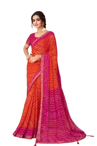 Jaanvi Mode Frauen Chiffon Bandhani gedruckt Saree mit soliden Selbst gedruckt Unstitched Bluse Stück, Pink-b, One size von Jaanvi