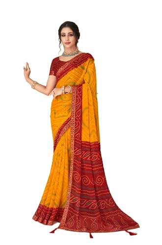 Jaanvi Mode Frauen Chiffon Bandhani gedruckt Saree mit soliden Selbst gedruckt Unstitched Bluse Stück, Red-B, One size von Jaanvi