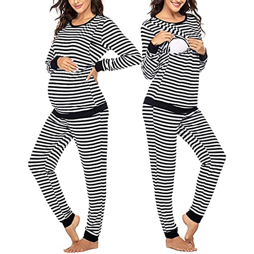 Damen Stillnachthemd Lang Umstandpyjama Set Gestreifter Pyjama-Set mit Stillfunktion Damen Schlafanzug mit Rundhals Zweiteilige Homewear Casual von JackRuler