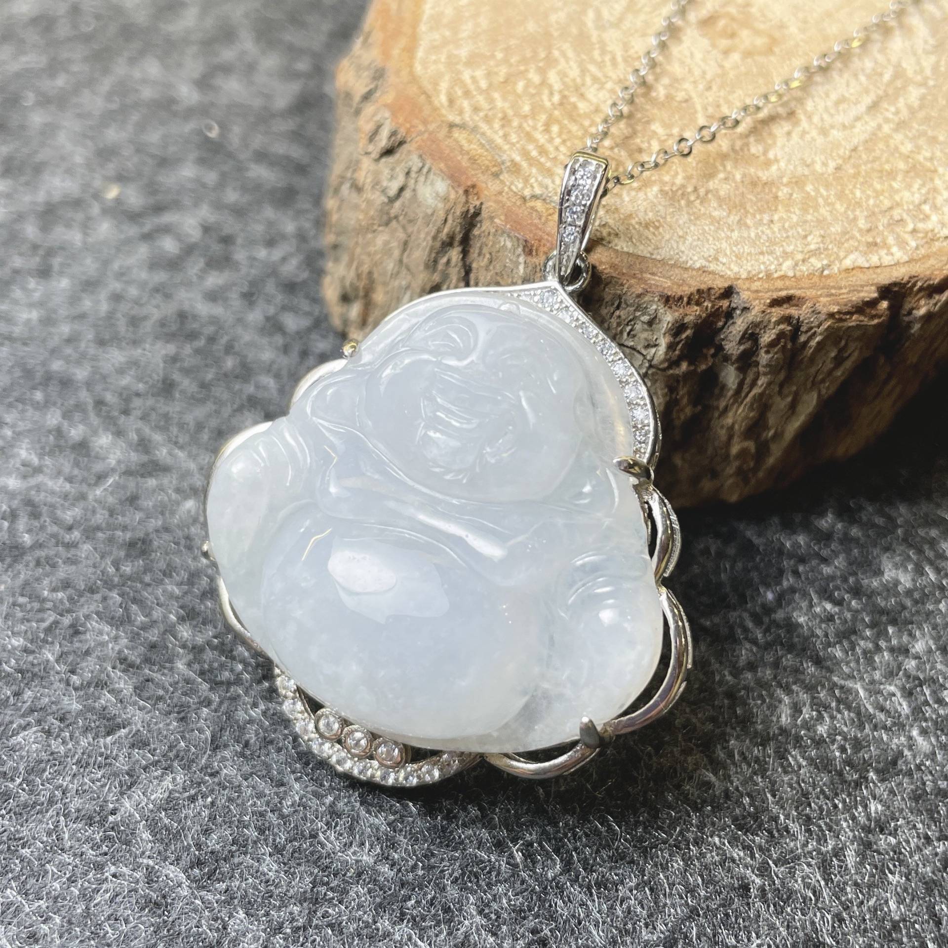 Echter Eisiger Weißer Jade Buddha Anhänger, Lächelnde Gott Halskette, Segen Frieden Männer Frauen Geschenk, 925 Sterling Silber Kette Cz, Grade A von JadeousJade