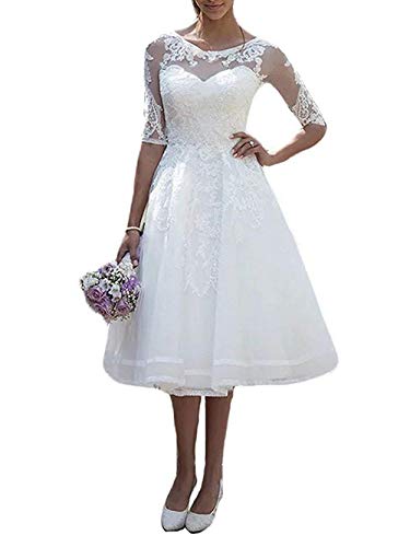 JAEDEN Vintage Brautkleider Hochzeitskleider Damen Knielang Spitze Standesamtkleid mit Ärmel Weiß EUR46 von JAEDEN