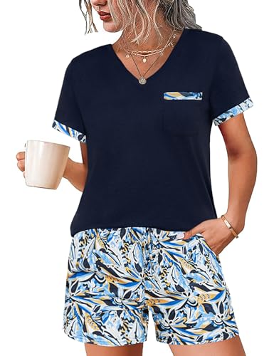 Jahetuul Pyjama Damen kurz V-Ausschnitt Schlafanzüge Baumwolle Zweiteiler Nachtwäsche Studentin Pyjama Shorts lustig Shorty Pyjamahose Hausanzug Jahetuul Pyjama Damen kurz V-Ausschnitt Schlafanzüge Baumwolle Zweiteiler Nachtwäsche Studentin Pyjama Shorts lustig Shorty Pyjamahose Hausanzug von Jahetuul