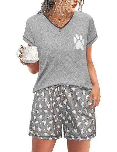 Jahetuul Pyjama Damen kurz mit Katzenmotiv Shorty Pyjama Damen Sommer Baumwolle mit V-Ausschnitt Schlafanzug Damen mit verstellbarem Kordelzug in der Taille Zweiteiler Schlafanzug Damen Jahetuul Pyjama Damen kurz mit Katzenmotiv Shorty Pyjama Damen Sommer Baumwolle mit V-Ausschnitt Schlafanzug Damen mit verstellbarem Kordelzug in der Taille Zweiteiler Schlafanzug Damen von Jahetuul