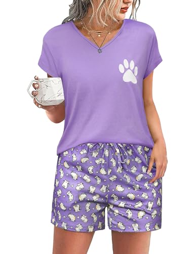Jahetuul Schlafanzug Sommer mit Shorts im Katzen-Print Pyjama Damen kurz Baumwolle mit verstellbarem Kordelzug in der Taille Pyjama Shorty Nachtwäsche Set mit V-Ausschnitt Jahetuul Schlafanzug Sommer mit Shorts im Katzen-Print Pyjama Damen kurz Baumwolle mit verstellbarem Kordelzug in der Taille Pyjama Shorty Nachtwäsche Set mit V-Ausschnitt von Jahetuul
