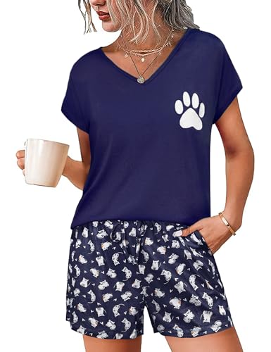 Jahetuul Schlafanzug Sommer mit Shorts im Katzen-Print Pyjama Damen kurz Baumwolle mit verstellbarem Kordelzug in der Taille Pyjama Shorty Nachtwäsche Set mit V-Ausschnitt Jahetuul Schlafanzug Sommer mit Shorts im Katzen-Print Pyjama Damen kurz Baumwolle mit verstellbarem Kordelzug in der Taille Pyjama Shorty Nachtwäsche Set mit V-Ausschnitt von Jahetuul