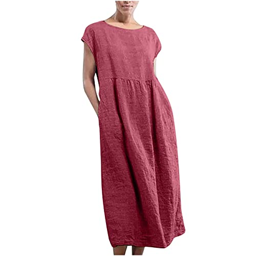 Baumwolle Leinen Kaftan Damen Retro Einfarbiges Sommerkleid Langes Kleid in Übergröße Ärmelloses Freizeitkleid mit Rundhalsausschnitt Lässig T-Shirt-Kleid Strandkleid Maxikleid von Jaihank