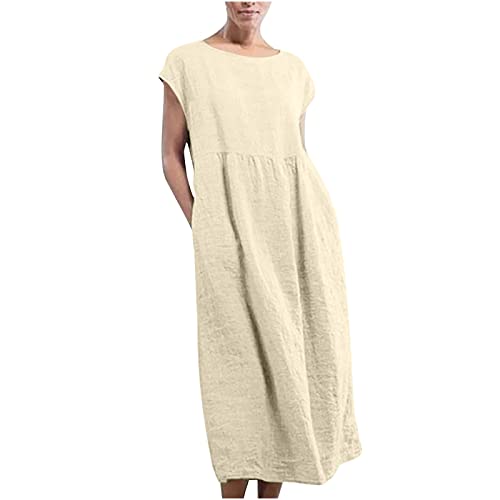 Jaihank Baumwolle Leinen Kaftan Damen Retro Einfarbiges Sommerkleid Langes Kleid in Übergröße Ärmelloses Freizeitkleid mit Rundhalsausschnitt Lässig T-Shirt-Kleid Strandkleid Maxikleid, Y1-beige, 5XL von Jaihank