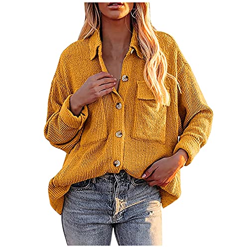 Jaihank Damen Cordhemd Lässiger Einfarbige Gerippte Bluse Revers Langen Ärmeln Cordbluse Geknöpfte Cardigan Tops Cordmantel Große Größe Langarmshirt Lockere Cordjacke Blusetops Hemdbluse von Jaihank