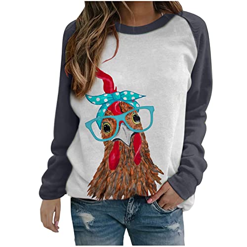 Mode Pullover Damen Lustige Huhn Motiv Sweatshirt Farbblock Nähen Langarmshirt Locker Pulli Tops Rundhals Langarm Sweater Oberteile Teenager Mädchen Sport Jumper Casual Blusentop Oberteil von Jaihank