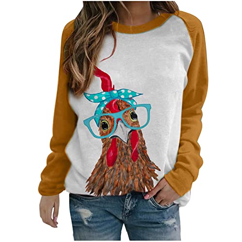 Mode Pullover Damen Lustige Huhn Motiv Sweatshirt Farbblock Nähen Langarmshirt Locker Pulli Tops Rundhals Langarm Sweater Oberteile Teenager Mädchen Sport Jumper Casual Blusentop Oberteil von Jaihank