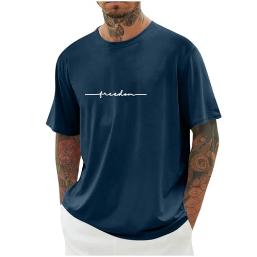 Oversized Tshirt Herren Mode Sommer Kurzarm Rundhals T-Shirt mit Kreativen Buchstaben Vintage Drucken Casual Lose Oberteile Baumwolle Lang Tops Shirt Männer Sportshirts Sale Angebote Marine3XL von Jamicy