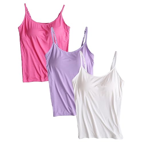 Jamron Damen 3er Pack Basic Tank Top Verstellbarer Spaghettiträger Unterhemden mit Integriertem Regal BH Violett + Weiß + Rosa-2 3XL von Jamron