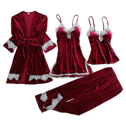 Jamron Damen Elegant Stickerei 4PCS Samt Pyjama Set Robe + Kleid + Hosen Winter Thermo Nachtwäsche Set Weinrot SN079127 S von Jamron