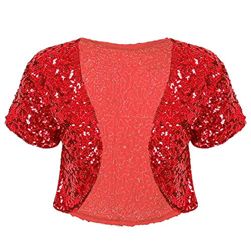 JanJean Damen Glänzende Pailletten Bolero Kurzjacke Mantel Glitzer Strickjacke Shrug Bolerojacke Festlich Kurz Cardigan Bühnenkostüm Rot Einheitsgröße von JanJean