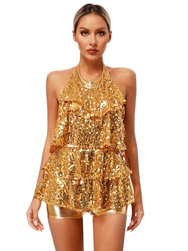 JanJean Damen Glänzende Pailletten Kleid Neckholder Glitzer Oberteil Modern Jumpsuit Jazz Latin Tanz Kostüme Tanzkleidung Gold Einheitsgröße von JanJean