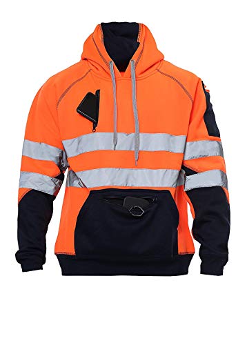 janisramone Herren-Kapuzenpullover für Jungen und Jungen, reflektierend, kontrastierender Aufnäher, Fleece, Sweatshirt, Arbeits-Kapuzenjacke, 3 Reißverschlusstaschen, Neonorange/Marineblau, L von Janisramone