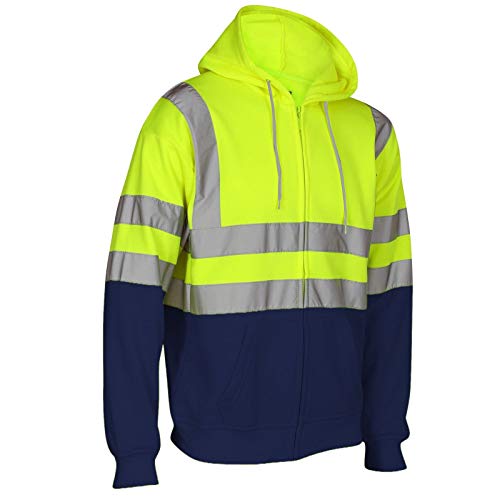 janisramone Herren Jungen New Hi Vis Hoody Viz Rflective Visibility Zip Up Fleece Sweatshirt Arbeit Hoodie Jacke Gr. XXXL, Neongelb/Marineblau von Janisramone