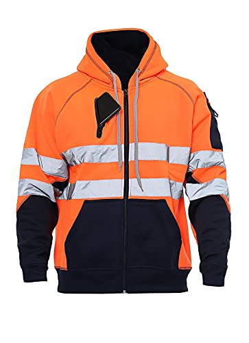 janisramone Herren Jungen New Hi Vis Reflektierende Sichtbarkeit Kapuzenpullover Kontrast Patch Fleece Sweatshirt Arbeit Hoodie Jacke, 3 Reißverschlusstaschen, neonorange marineblau, mit von Janisramone