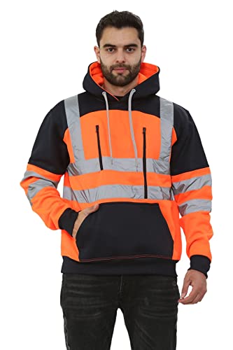 janisramone Fleece-Sweatshirt für Herren und Jungen, reflektierend, Kontrastaufnäher, für die Arbeit, Tablet-Pullover - Neonorange/Marineblau, XL von Janisramone