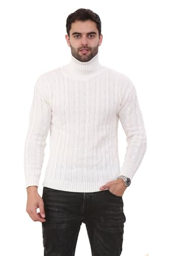 janisramone Herren-Pullover mit Rollkragen, langärmelig, Zopfmuster, leger, Winterpullover, weiß, XS von Janisramone