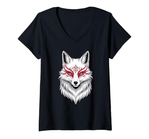 Damen Kitsune Fuchsmaske, japanischer Anime & Kawaii | Kitsune T-Shirt mit V-Ausschnitt Damen Kitsune Fuchsmaske, japanischer Anime & Kawaii | Kitsune T-Shirt mit V-Ausschnitt von Japanese Mythology Gifts & Japan Themed Designs