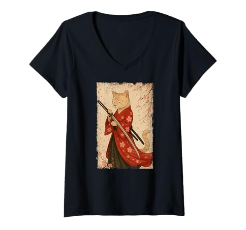 Damen Orange Katze, japanischer Samurai, Kirschblüte, Japan, Mama, Papa, Kind T-Shirt mit V-Ausschnitt Damen Orange Katze, japanischer Samurai, Kirschblüte, Japan, Mama, Papa, Kind T-Shirt mit V-Ausschnitt von JapansCollective