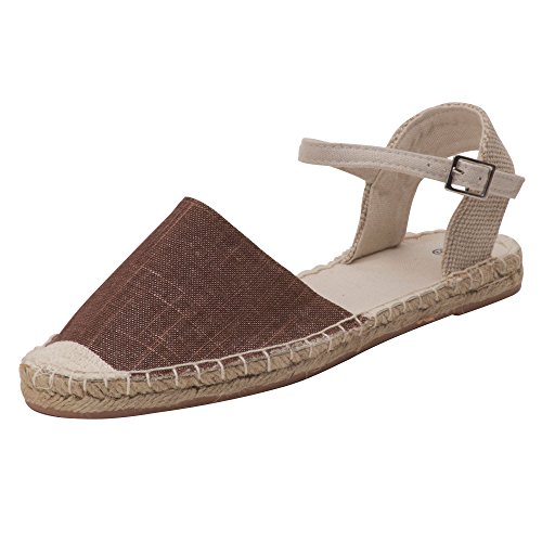 Japanwelt Damen Espadrilles Glitzer Canvas Sandalen Offen mit Riemchen Sommerlatschen Leinen Braun Beige Größe 37 von Japanwelt