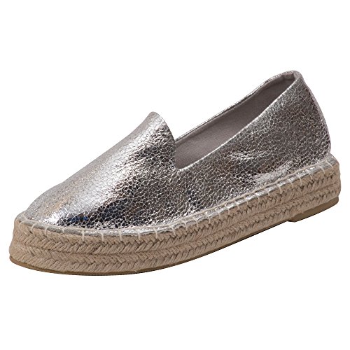 Japanwelt Plateau Espadrilles Damen Glitzer Silber Größe 37 - Sommer Leinenschuhe Slipper mit Plateausohle von Japanwelt