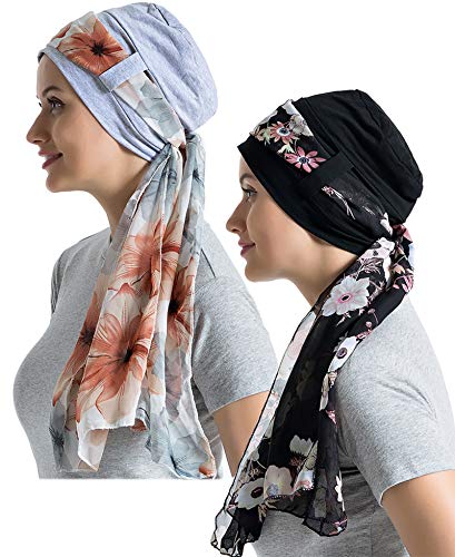 Bambus-Baumwollfutter Chemo-Kopfbedeckung für Frauen mit seidigen Schals für Krebs Haarausfall Schlafmützen Beanie, Schwarz + Grau, Einheitsgröße von JarseHera