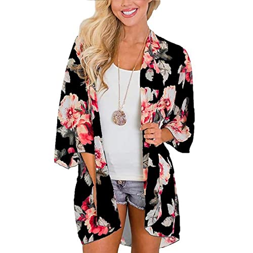 Jarseila Damen Cardigan Chiffon Bolero Florale Kimono Sommer Strand Bikini Cover Up Lose Bluse Tops Boho Leicht Casual 3/4 Ärmel Leichte Beachwear #B-Schwarz XXL von Jarseila