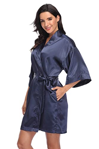 Jarseila Morgenmantel Damen Satin Kimono Robe Bademantel Kurz Weiter Ärmel Robe Kimono mit Gürtel V-Ausschnitt Nachthemd Blau XXL von Jarseila