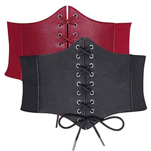 JasGood 2 Stück Damen Korsett Gürtel Schnürkorsett Elastischen Breiten Band, Gebundener Waspie Taille Gürtel Hüftgurt für Damen,Schwarz/Rot,73cm(Anzug für Taille 66cm-74cm) von JasGood