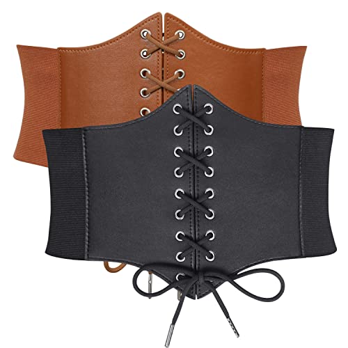 JasGood 2 Stück Damen Korsett Gürtel Schnürkorsett Elastischen Breiten Band, Gebundener Waspie Taille Gürtel Hüftgurt für Damen,Schwarz/Braun,113cm(Anzug für Taille 110cm-124cm) von JasGood