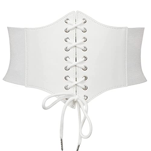 JasGood Damen Korsett Gürtel Schnürkorsett Elastischen Breiten Band, Gebundener Waspie Taille Gürtel Hüftgurt für Damen,Weiß,83cm(Anzug für Taille 78cm-87cm) von JasGood