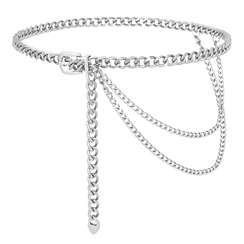 JasGood Mehrschichtiger Taillenkettengürtel Damen Verstellbare Body Link Gürtel für Jeanskleider,Silber,130cm von JasGood